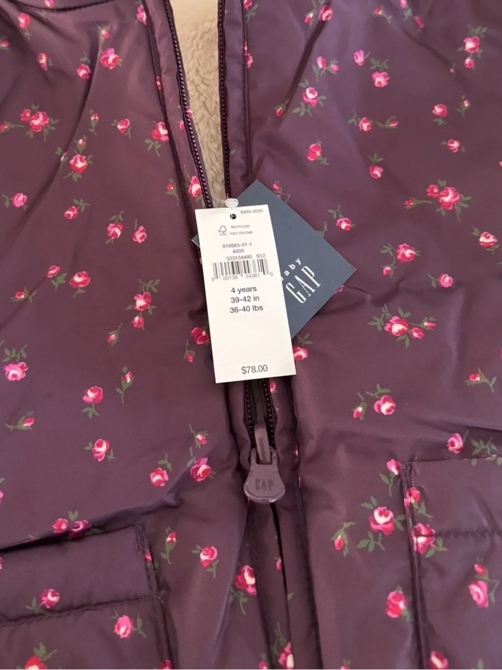 GAP Girls Reversible Cozy Jacket in Burgundy Plum 4T